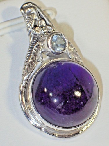 NATURAL AMETHYST & BLUE TOPAZ PENDANT- 925 SILVER, 14K WHITE GOLD PLATED #13 - Picture 2 of 2
