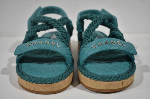 Chanel 21S Dad Green Blue Cord Rope CC Quilted Mule Ankle Strap Sandal Flat 40 - Picture 8 of 12