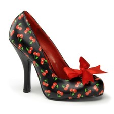 Pin Up Couture Cutiepie-06 schwarzer PU-Schuh (Kirschmuster) mit Satinfliege