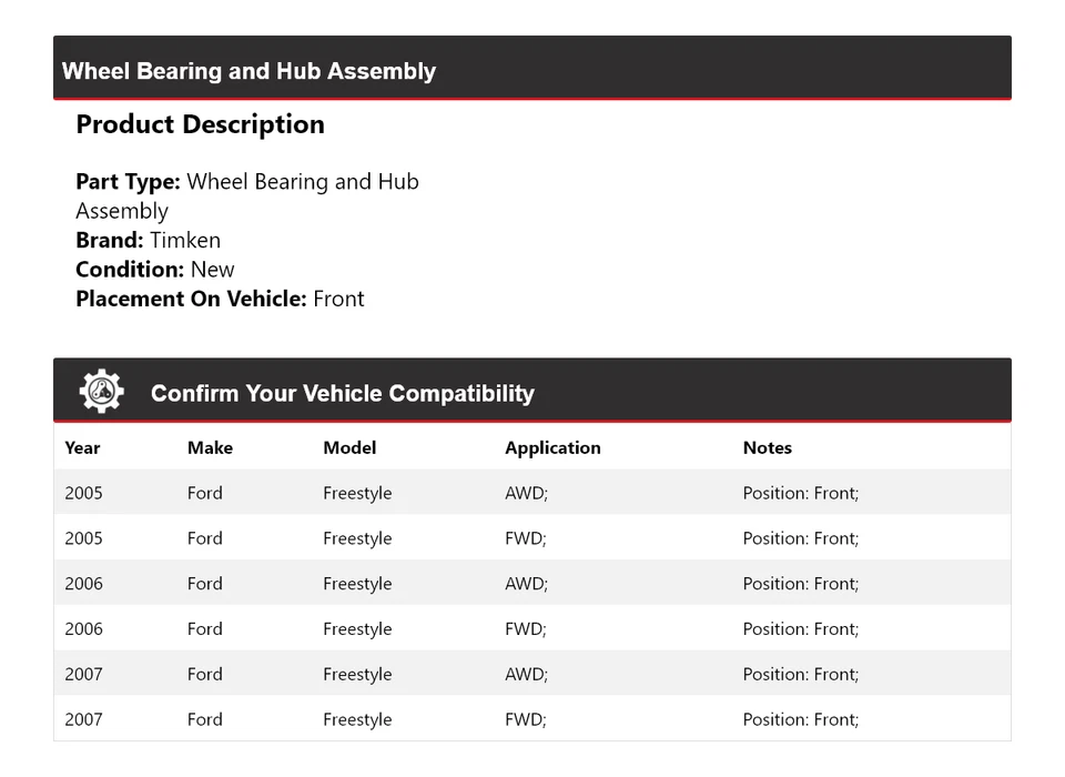 Conjunto de cojinete de rueda y buje delantero Timken 2006 para Ford Freestyle 2005-2007 Foto 2 de 4