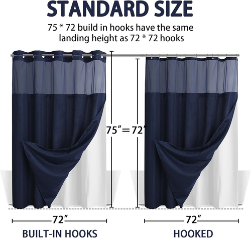 No Hook Shower Curtain with Snap Liner Set and Top Sheer Window 75"x72" (BLUE) - Picture 6 of 9