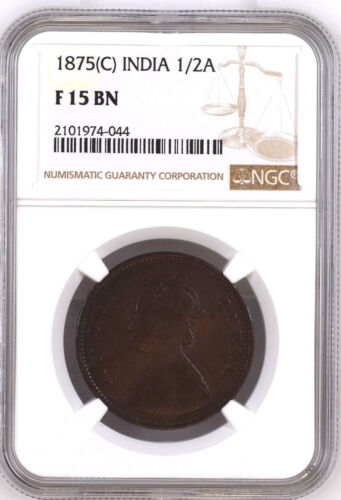 British India 1/2 (Half) Anna 1875 (C) NGC F-15 BN Extremely Rare - Picture 2 of 3