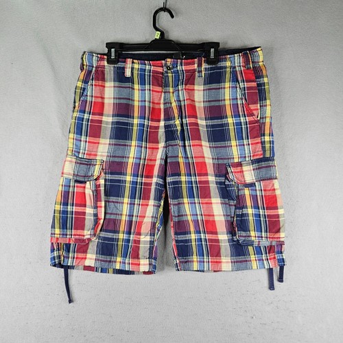 21 Men Cargo Shorts Mens 38x11 Tag 36 Red Yellow Blue Plaid Button Fly - Picture 1 of 8
