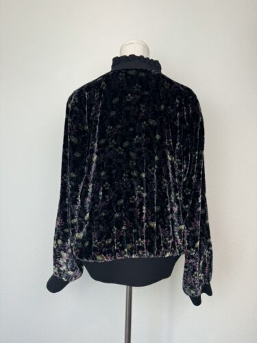 Rebecca Taylor Size L Floral Ruffle Hem Navy Velvet Full Zip Bomber Jacket - Picture 4 of 6