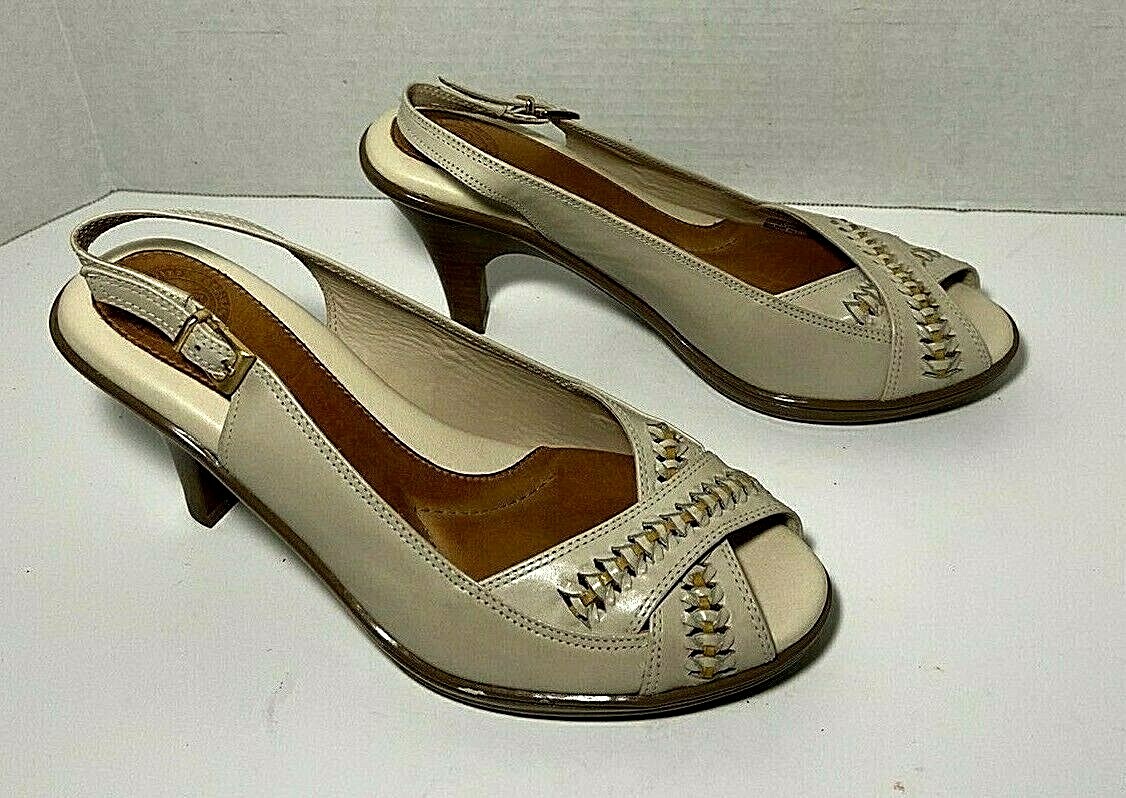 Nuture Womens Beige Leather High Heel Peep Toe Heel Strap Adjustable 8 M Nuture Womens Beige Leather High Heel Peep Toe Heel Strap Adjustable 8 M