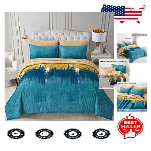 Abstract Art Inspired 7-Piece Teal Comforter Set for -Round Comfort