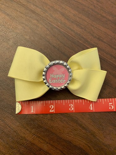 Happy Easter Pastel Yellow 4.5-Inch Bottle Cap Hair Bow - Picture 4 of 11