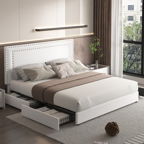 Bed Frame with 4 Storage Drawers Full Queen Size Wood Platform Velvet Headboard - Picture 3 of 64