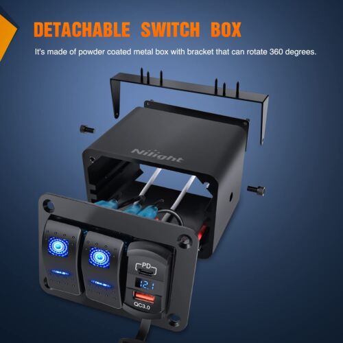 Nilight 2 Gang Rocker Switch Box 12V SPST ON Off Switch PD Type C and QC 3.0... - Picture 8 of 9
