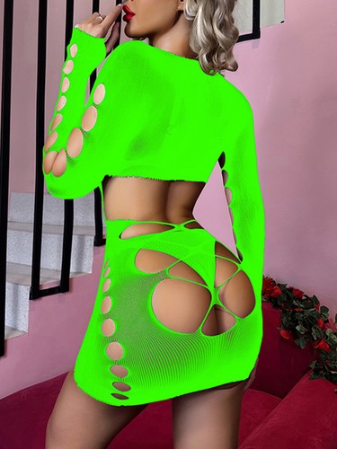 Womens Sheer Fishnet Hollow Out Long Sleeve Bodycon Lingerie Dress Mini Dress - Picture 57 of 72