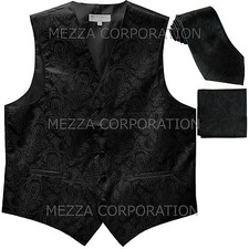 New Vesuvio Napoli Men's paisley Tuxedo Vest Waistcoat Necktie Hankie Black