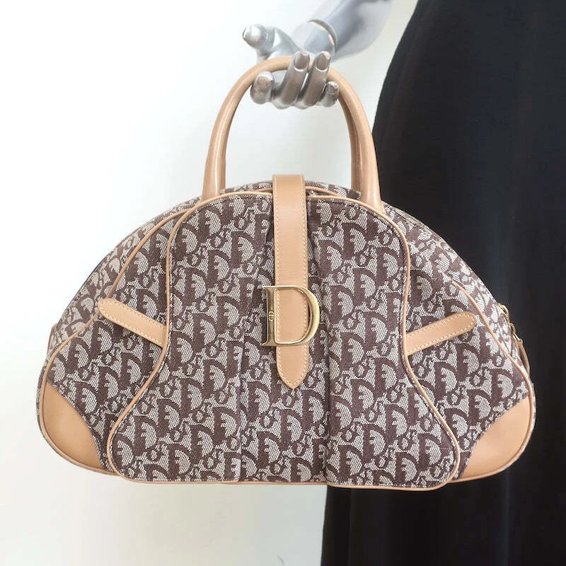 Sac bowler double selle Christian Dior marron Diorissimo toile et cuir beige