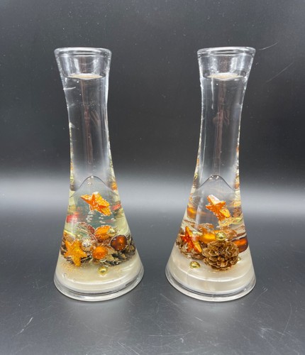 Set of 2 Traumlicht Glass Candle Holders Gold Red Orange Star Pinecones Germany - Picture 3 of 5