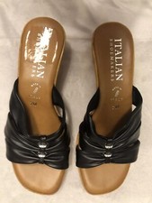 Italian Shoemaker Sandal Black Leather Wedge Plastic Heel Size 7 Cz Accent
