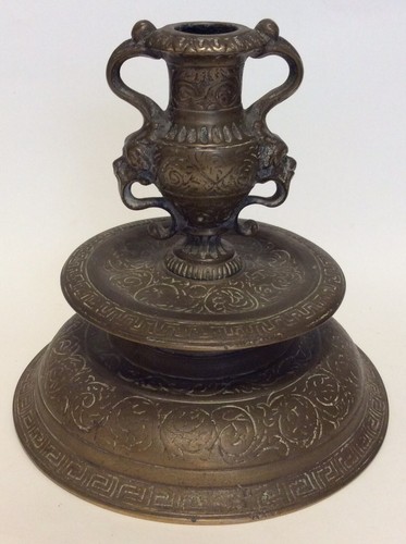 Pair of antique 19th c. brass Venetian form candlesticks, mask-form urn handles - Picture 10 of 12