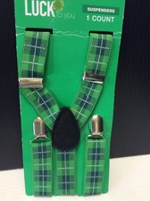 Irish St Patricks Day Green Plaid Suspenders One Size Clip On Adjustable Braces