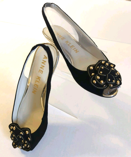 Anne Klein Farrah Sling Back Sandals 7 Wedge Heels Suede Gold Accents Chic - Picture 7 of 7