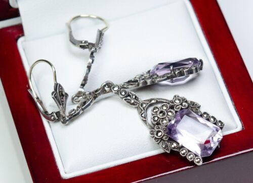 Silber/ Gold - antike Jugendstil Ohrringe - 9.00 ct Amethyste und Markasite - Bild 3 von 10