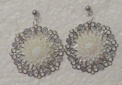 Wedding White Floral - Silver Filigree Background Surgical Steel Stud 1 .5" - Picture 10 of 10