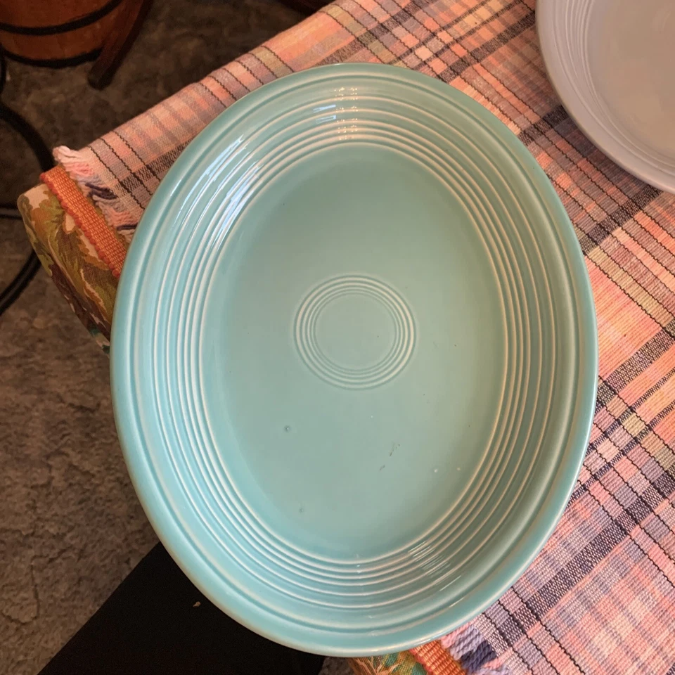 "Juego de 4 platos ovalados Fiesta Ware vintage de plato profundo azul verdoso rojo 11,25"" x 9""" Foto 3 de 4