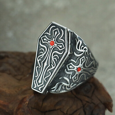 Gothic Flower Openable Cross Box Ring Stainless Steel Biker Men's Ring Size 7-13