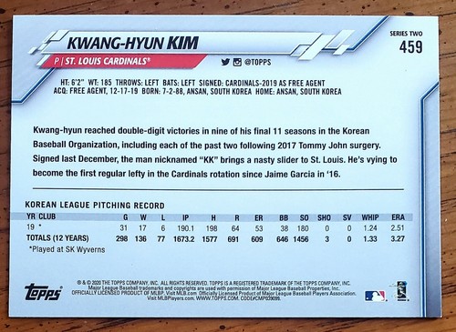 2020 Topps Series 2 Kwang-Hyun Kim Rookie Card RC #459 St. Louis Cardinals QTY - Picture 2 of 2