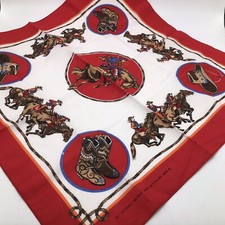 Vtg Bandana Scarf Mask Cowboy Horses Bronco Boots Hats Cotton Blend Red USA Made