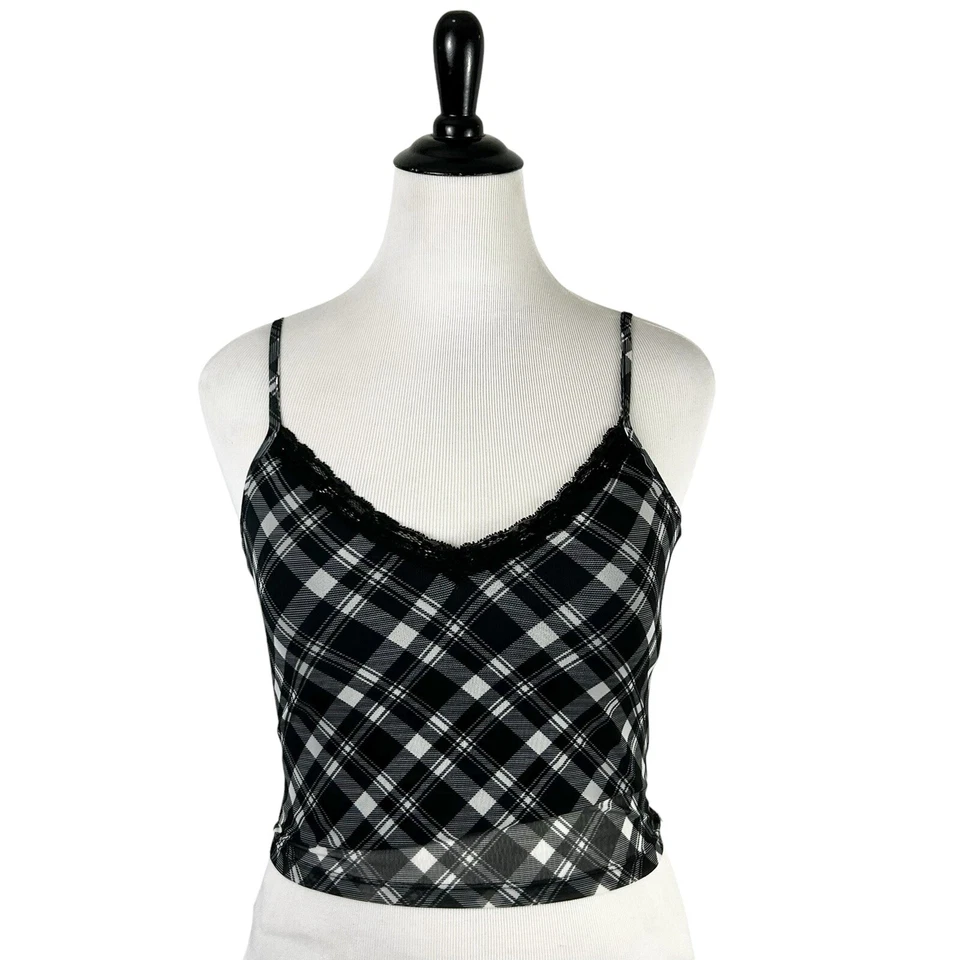 Camiseta sin mangas recortada a cuadros HOLLISTER L negra encaje Y2K Academia escuela preppy grunge Foto 2 de 4