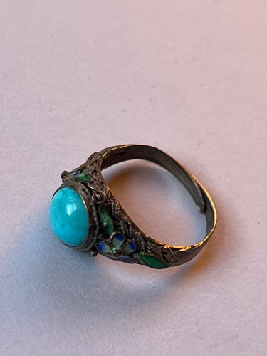 Vintage Asian Export Tapered Silver w Round Robin Egg Blue Cab w Blue Enamel Flo - Picture 9 of 10