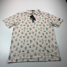 NEW Bad Birdie Polo Shirt Mens Large Pink Cactus All Over Print Stretch Golf