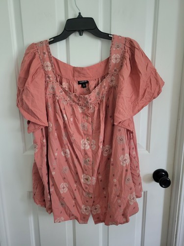 Torrid Women's Square Neck Flutter Sleeve Blouse Pink Embroidered Boho 4X