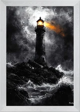 Stormy Lighthouse in Dramatic Monoc Framed Wall Art Poster Canvas Print Picture