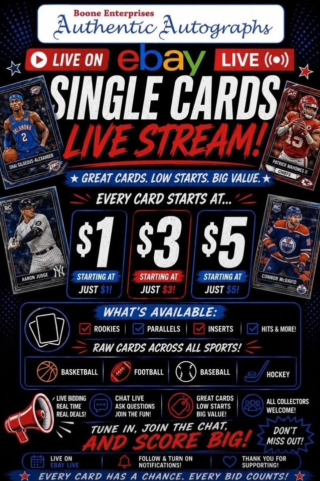 Baseball Card Singles Stream $1 $3 $5 Starts Modern Vintage Inserts Autos