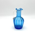 Vintage Blue Mini Blown Glass Pitcher Small Art Glass Bud Vase Ruffled Spout