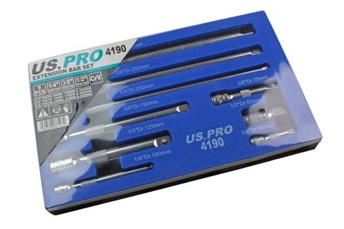 US PRO 9pc 1/4" 3/8" 1/2" Dr Extension Bar Set, Sockets bars 50 t 250mm - Picture 4 of 4