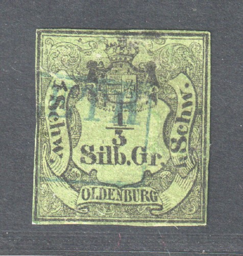 OLDENBURG 1, 1/3 Sgr. schwarz/gelbgrün, sauber gestempelt, repariert, 1300,- €