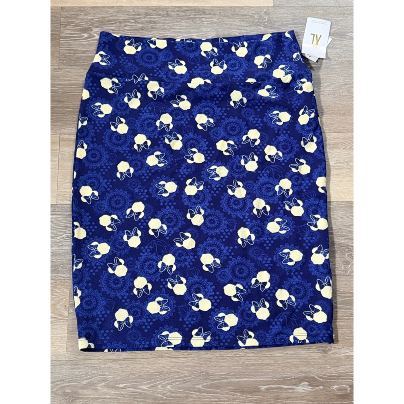 LuLaRoe Disney Minnie Mouse Cassie Blue White Stretch Jacquard Midi Skirt XL