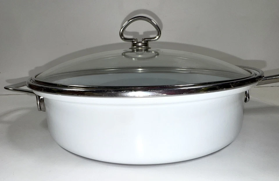 De Colección Chantal 10.5" Acero Esmalte Blanco Sartén Salteado Sartén Cacerola Tapa Vidrio Cubierta Foto 4 de 4
