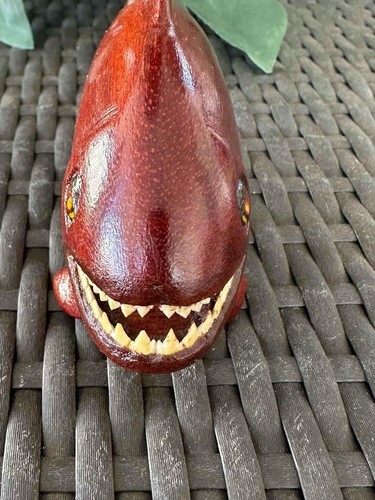 Seltener alter handgeschnitzter Piranha-Fisch aus dunklem Holz 7 Zoll ECHTE ZÄHNE vom Amazonas - Bild 6 von 10