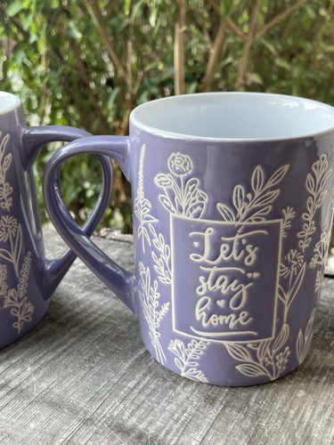 2 Pc LETS STAY HOME Embossed lavender coffee mugs 16 ounce wildflowers Relax - Picture 3 of 8