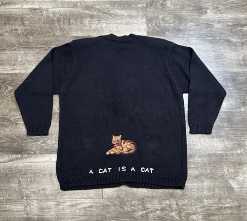 Neu mit Etikett Vintage 90er Quacker Factory A Cat is a Cat Intarsien/bestickte Strickjacke M schwarz - Bild 5 von 7