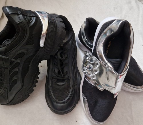NICE BLACK SILVER LADIES GIRL 2x BUNDLE CHUNKY TRAINERS SIZE UK 3 UK 36 USED ONC - Picture 3 of 7