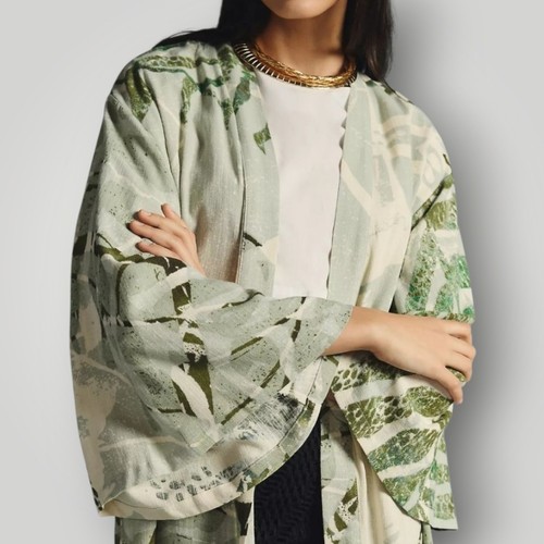 By Anthropologie Kimono Staubtuch Einheitsgröße vorne offen Leinenmischung creme grün Druck - Bild 11 von 18