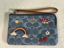 Coach Corner Zip Wristlet In Signature Denim - Indigo Multi - NEW with tags
