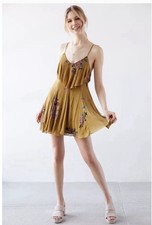 Urban Outfitters Ecote Dress Sz Large Olive Floral Boho Strappy Ruffle Pheasant