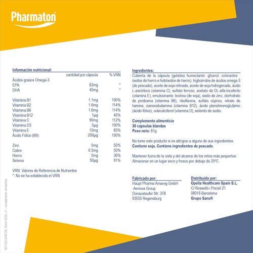 Pharmaton 50+ - Multivitamínico Con Omega 3-60 Cápsulas - Ayuda a Mantener La En - Imagen 8 de 14