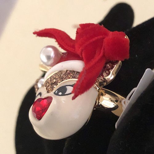 Auth. Betsey Johnson Ring, Rudolph, Rhinestones & Enamel, Gold Tone Adjust NWT - Picture 5 of 11