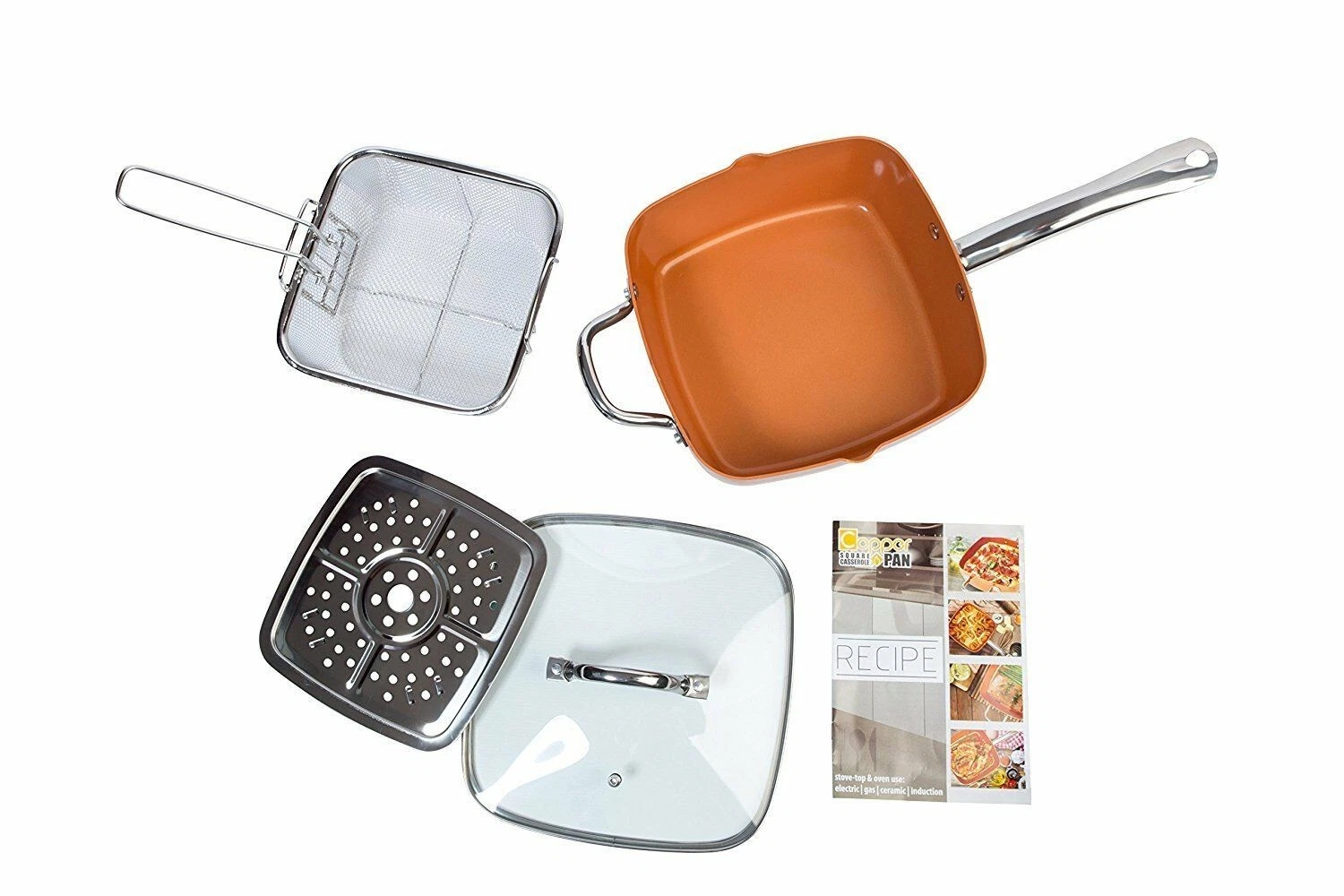 5 Piece Copper Coated Induction Base Square Pan Set, Casserole 9.5" + Glass Lid