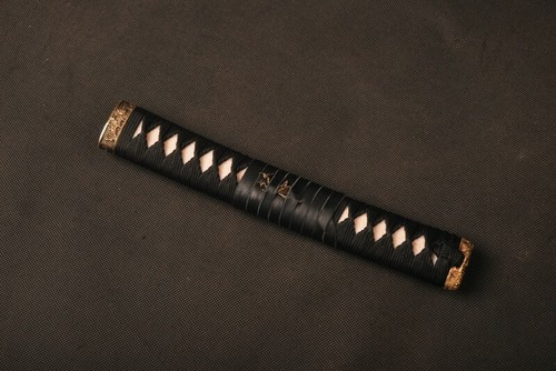 Schwarze Seidenkordel echtes Rochenleder Messingbeschläge Griff Tsuka für japanisches Katana - Bild 3 von 8