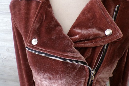 Forever 21 Velvet Moto Jacket Large Champagne Rose Velour Stretch Shimmer New - Picture 17 of 24